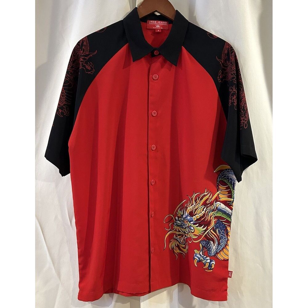 Vintage JNCO Jeans Mens Red Black‎ Dragon Print Button-Up Shirt Size Large